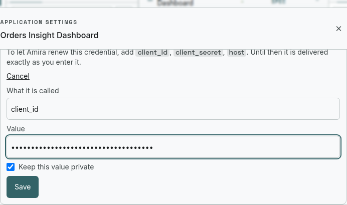Adding one credential key to a connection: a name, a value, and the keep-private toggle