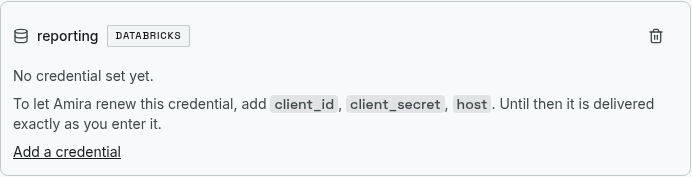 A Databricks connection missing a key, showing which keys to add to enable renewal