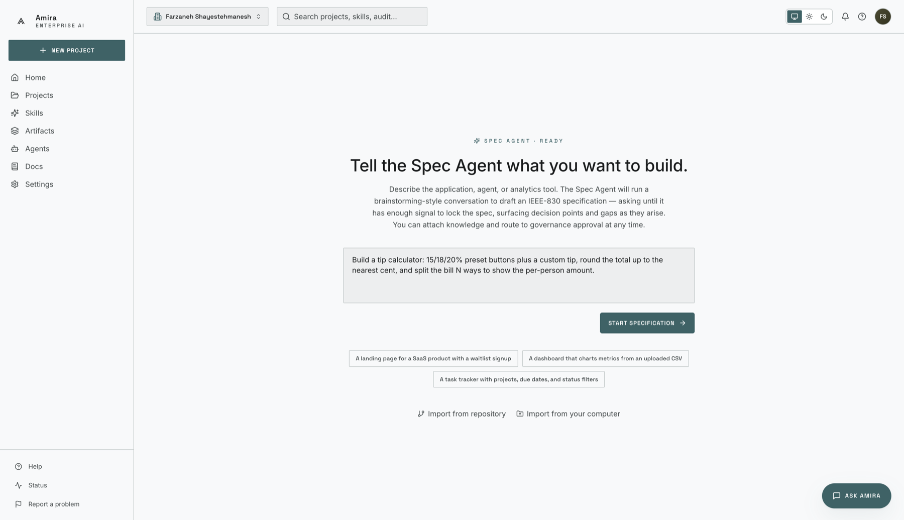 Describing the tip calculator to the Spec Agent on a new project