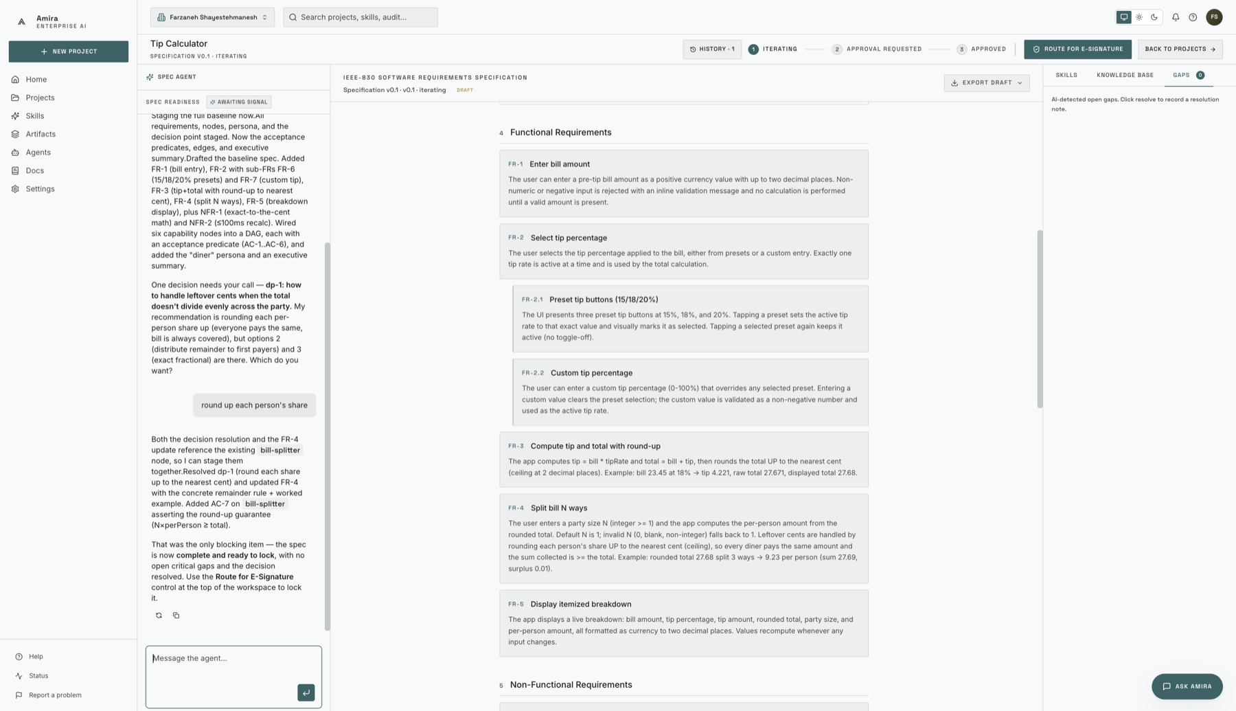 The spec workspace showing the tip-calculator functional requirements