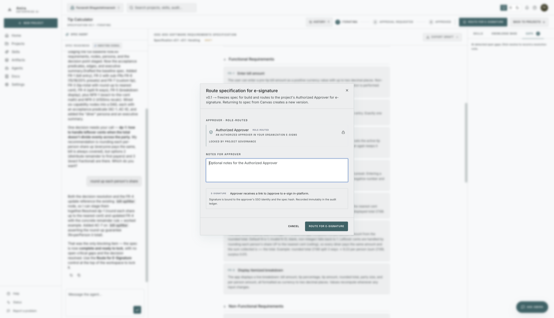 Routing the completed specification for e-signature