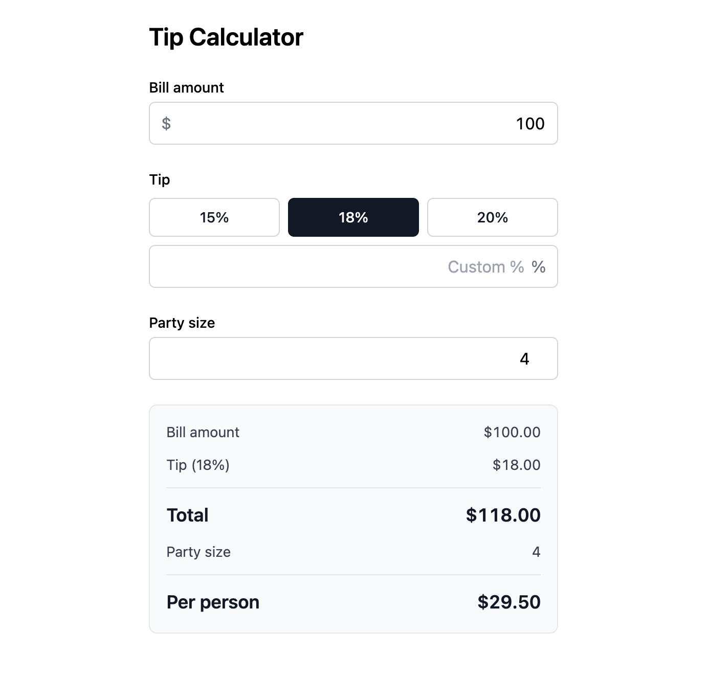 The running tip calculator: a $100 bill at 18% split 4 ways shows $29.50 per person